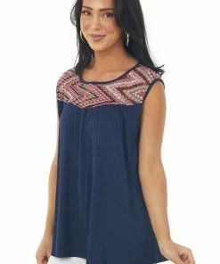 Haptics Tops Navy Ribbed Knit Tank Top With Chevron Yoke 11 Haptics Tops Navy Ribbed Knit Tank Top With Chevron Yoke