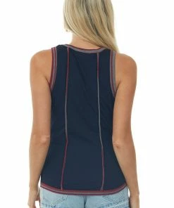 SugarFox Navy Ribbed Stripe Exposed Seam Knit Tank Top Tops