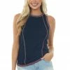 SugarFox Navy Ribbed Stripe Exposed Seam Knit Tank Top Tops