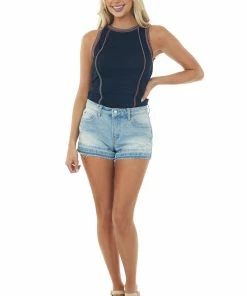 SugarFox Navy Ribbed Stripe Exposed Seam Knit Tank Top Tops