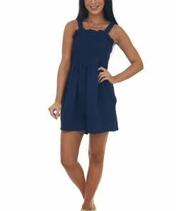 Lime Lush Navy Smocked Elastic Strappy Back Woven Romper Dresses 14 Lime Lush Navy Smocked Elastic Strappy Back Woven Romper Dresses