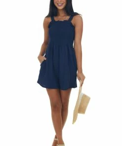Lime Lush Navy Smocked Elastic Strappy Back Woven Romper Dresses 15 Lime Lush Navy Smocked Elastic Strappy Back Woven Romper Dresses
