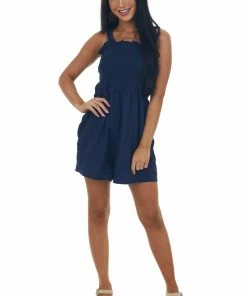 Lime Lush Navy Smocked Elastic Strappy Back Woven Romper Dresses 13 Lime Lush Navy Smocked Elastic Strappy Back Woven Romper Dresses