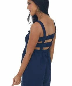 Lime Lush Navy Smocked Elastic Strappy Back Woven Romper Dresses 12 Lime Lush Navy Smocked Elastic Strappy Back Woven Romper Dresses