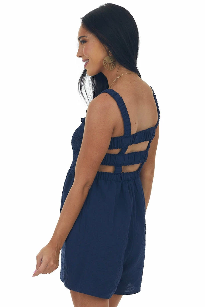 Lime Lush Navy Smocked Elastic Strappy Back Woven Romper Dresses 5 Lime Lush Navy Smocked Elastic Strappy Back Woven Romper Dresses