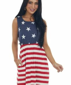 HEIMISH Navy Stars And Stripes Side Pocket Tank Dress Dresses