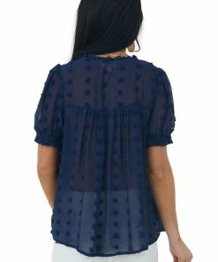 Umgee Navy Swiss Dot Short Puff Sleeve Button Detail Top