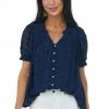 Umgee Navy Swiss Dot Short Puff Sleeve Button Detail Top