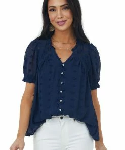 Umgee Navy Swiss Dot Short Puff Sleeve Button Detail Top
