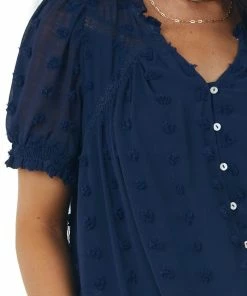 Umgee Navy Swiss Dot Short Puff Sleeve Button Detail Top