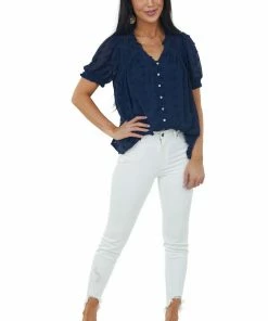 Umgee Navy Swiss Dot Short Puff Sleeve Button Detail Top