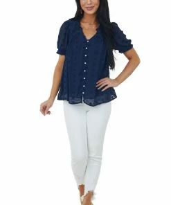 Umgee Navy Swiss Dot Short Puff Sleeve Button Detail Top