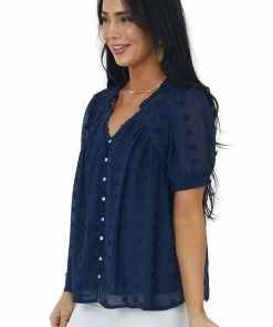 Umgee Navy Swiss Dot Short Puff Sleeve Button Detail Top