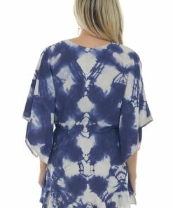 ANGIE Navy Tie Dye Kimono Sleeve V Neck Woven Dress Dresses