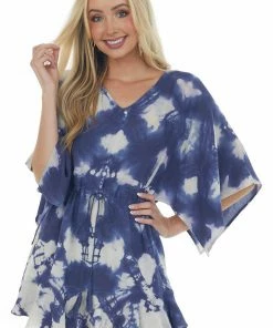 ANGIE Navy Tie Dye Kimono Sleeve V Neck Woven Dress Dresses
