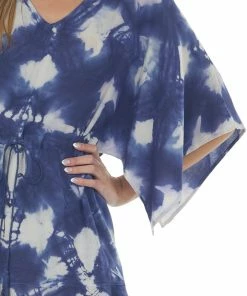 ANGIE Navy Tie Dye Kimono Sleeve V Neck Woven Dress Dresses