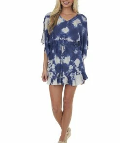 ANGIE Navy Tie Dye Kimono Sleeve V Neck Woven Dress Dresses