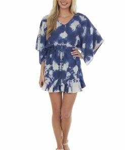 ANGIE Navy Tie Dye Kimono Sleeve V Neck Woven Dress Dresses