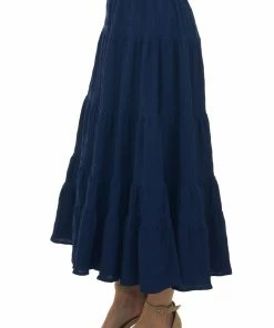 Davi & Dani Navy Tiered Ruffle Hem Elastic Midi Skirt