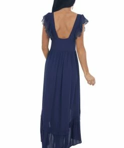 Umgee Navy V Neck Lace Cap Sleeve High Low Dress