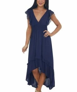 Umgee Navy V Neck Lace Cap Sleeve High Low Dress