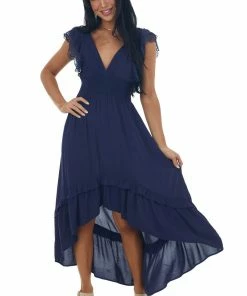Umgee Navy V Neck Lace Cap Sleeve High Low Dress