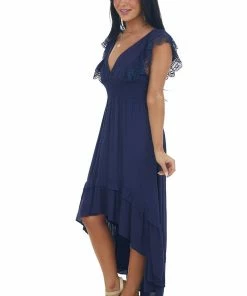 Umgee Navy V Neck Lace Cap Sleeve High Low Dress