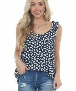 Staccato Tops Navy And Cream Printed Sleeveless Top With Ruffle Details