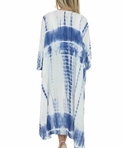 Bluivy Navy And Pearl Tie Dye Open Front 3/4 Sleeve Woven Kimono Tops