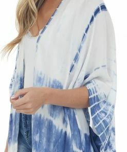 Bluivy Navy And Pearl Tie Dye Open Front 3/4 Sleeve Woven Kimono Tops