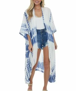 Bluivy Navy And Pearl Tie Dye Open Front 3/4 Sleeve Woven Kimono Tops