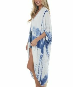 Bluivy Navy And Pearl Tie Dye Open Front 3/4 Sleeve Woven Kimono Tops