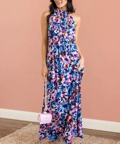 Staccato Navy Floral Print Halter Neck Maxi Dress Dresses