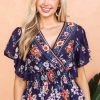 ANGIE Tops Navy Floral Print Surplice Peplum Blouse