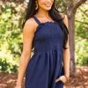 Lime Lush Navy Smocked Elastic Strappy Back Woven Romper Dresses