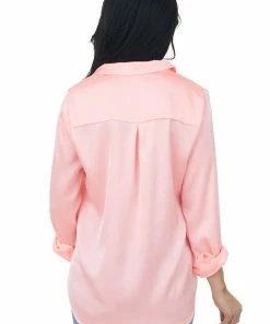 Skies Are Blue Neon Coral Long Sleeve Button Down Satin Blouse Tops