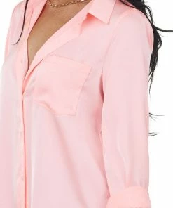 Skies Are Blue Neon Coral Long Sleeve Button Down Satin Blouse Tops