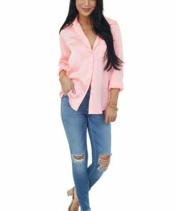 Skies Are Blue Neon Coral Long Sleeve Button Down Satin Blouse Tops
