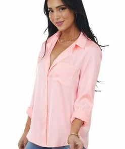 Skies Are Blue Neon Coral Long Sleeve Button Down Satin Blouse Tops