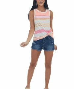 BiBi Neon Coral Striped High Low Knit Tank Top Tops