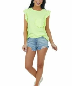 BiBi Neon Lime Ruffle Sleeve Knit Top With Pocket 13 BiBi Neon Lime Ruffle Sleeve Knit Top With Pocket