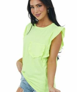 BiBi Neon Lime Ruffle Sleeve Knit Top With Pocket 15 BiBi Neon Lime Ruffle Sleeve Knit Top With Pocket
