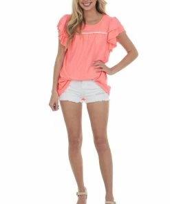 HEIMISH Neon Pink Lace Trim Yoke Ruffle Ribbed Knit Top Tops