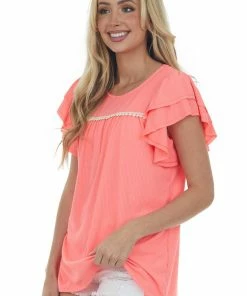 HEIMISH Neon Pink Lace Trim Yoke Ruffle Ribbed Knit Top Tops