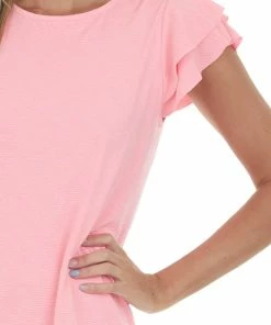 Ces Femme Dresses Neon Pink Ruffle Sleeve Crinkle Knit Dress