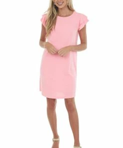 Ces Femme Dresses Neon Pink Ruffle Sleeve Crinkle Knit Dress