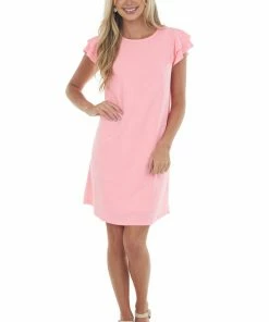 Ces Femme Dresses Neon Pink Ruffle Sleeve Crinkle Knit Dress
