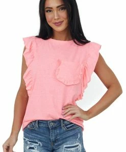 BiBi Neon Pink Ruffle Sleeve Knit Top With Pocket Tops