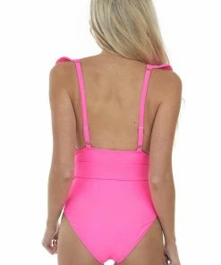 Davi & Dani Neon Pink Ruffle Strap Belted V Neck Swimsuit Accessories