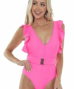Davi & Dani Neon Pink Ruffle Strap Belted V Neck Swimsuit Accessories